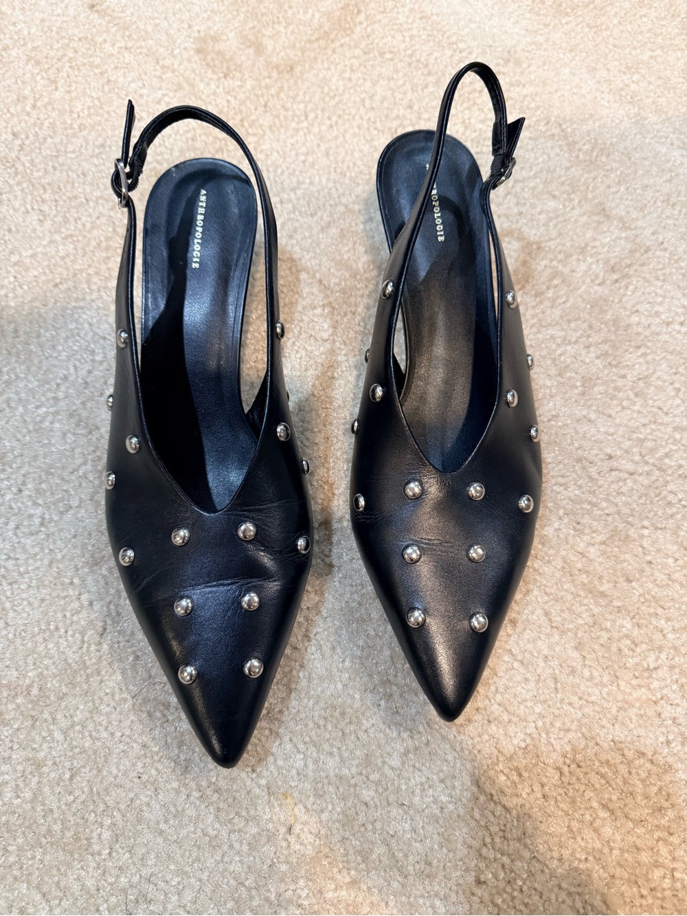 Anthropologie Black Pointed Studded Slingback Heels